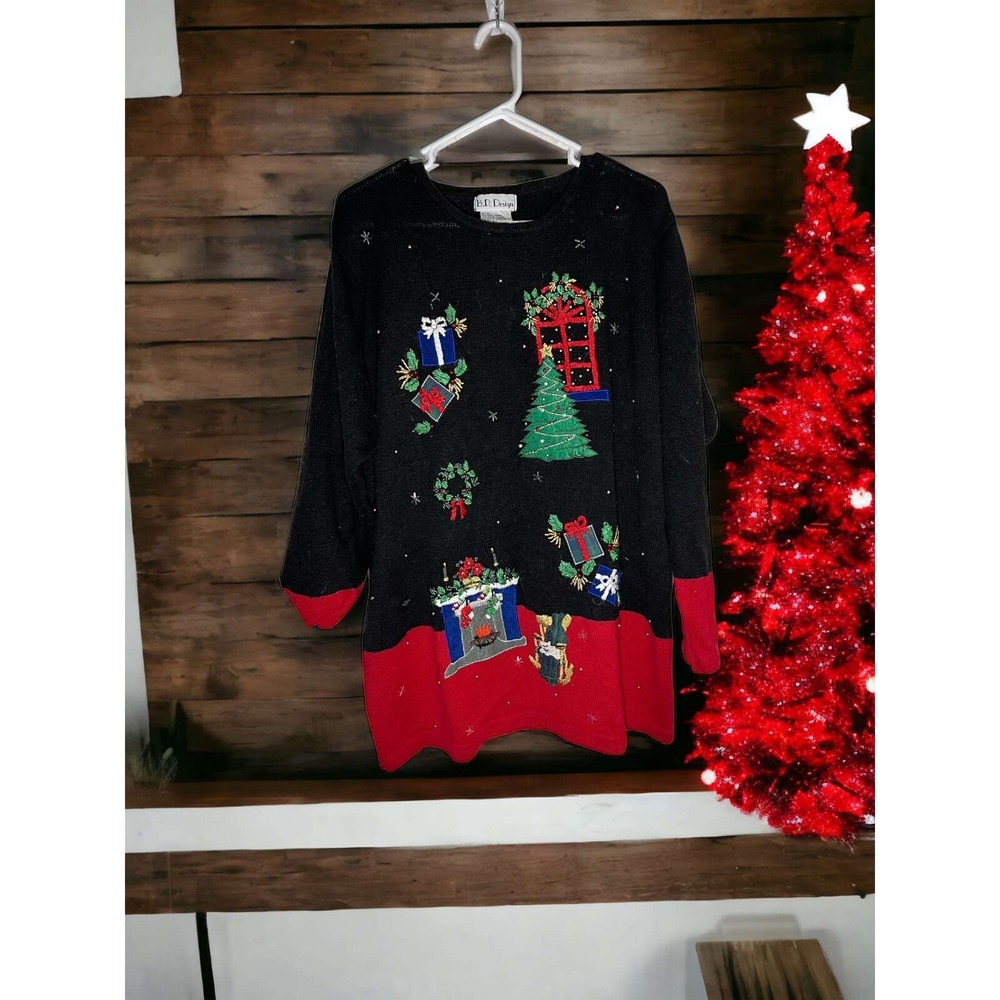 Ugly Christmas Sweater! B.P. Design XL Black And Red With Presents Tree Fireplac
